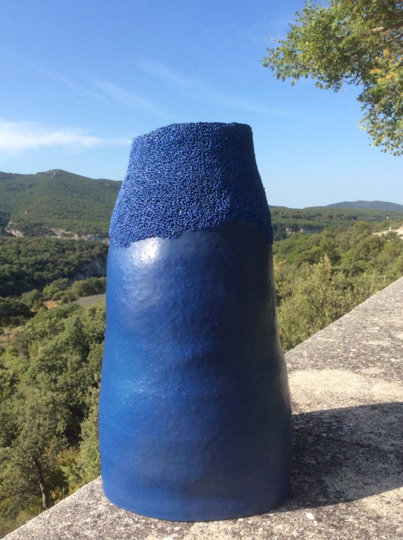 blue cocoon stoneware sculpture by christiane filliatreau