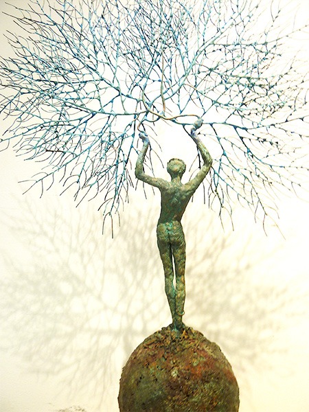 contemporary figurative sculpture in copper on a base for sale in the online shop of the gallery 22