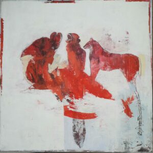 acrylic painting on light beige and red wood with personages and animals by philippe croq