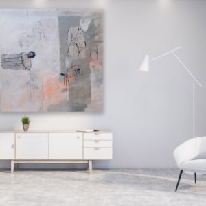 peinture acrylique sur bois gris clair et avec des personnages de philippe croq in situ