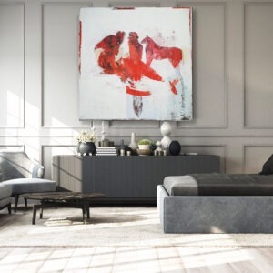 peinture acrylique sur bois beige clair et rouge avec des personnages et des animaux de philippe croq in situ