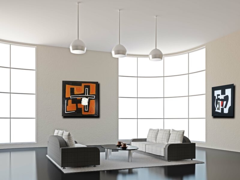 peinture moderne et contemporaine de raymond guerrier , huile sur toile noire, blanche et orange in situ