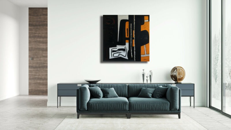 zodiac 11, peinture à l huile moderne noir , orange, blanche de raymond guerrier in situ